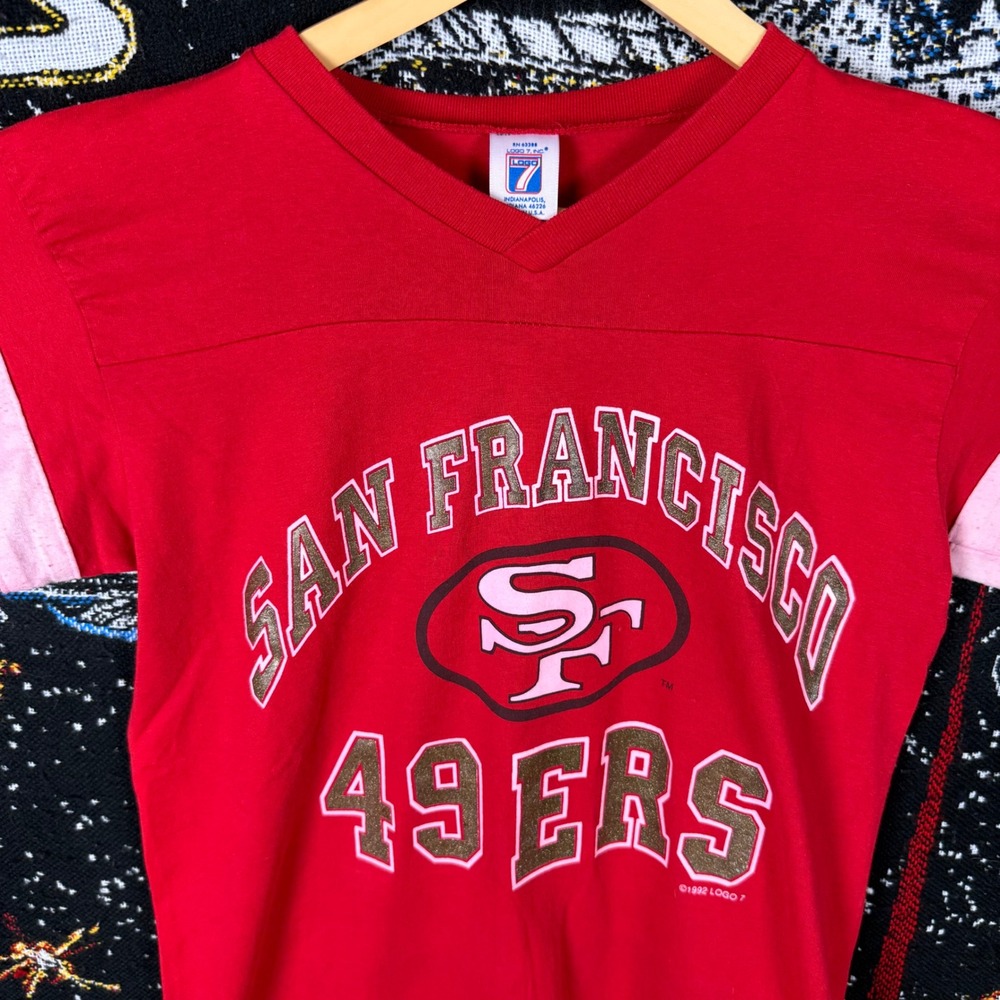 Vintage 1992 San Francisco 49ers Logo 7 Shirt Red Striped Sleeve V-Neck Mens L